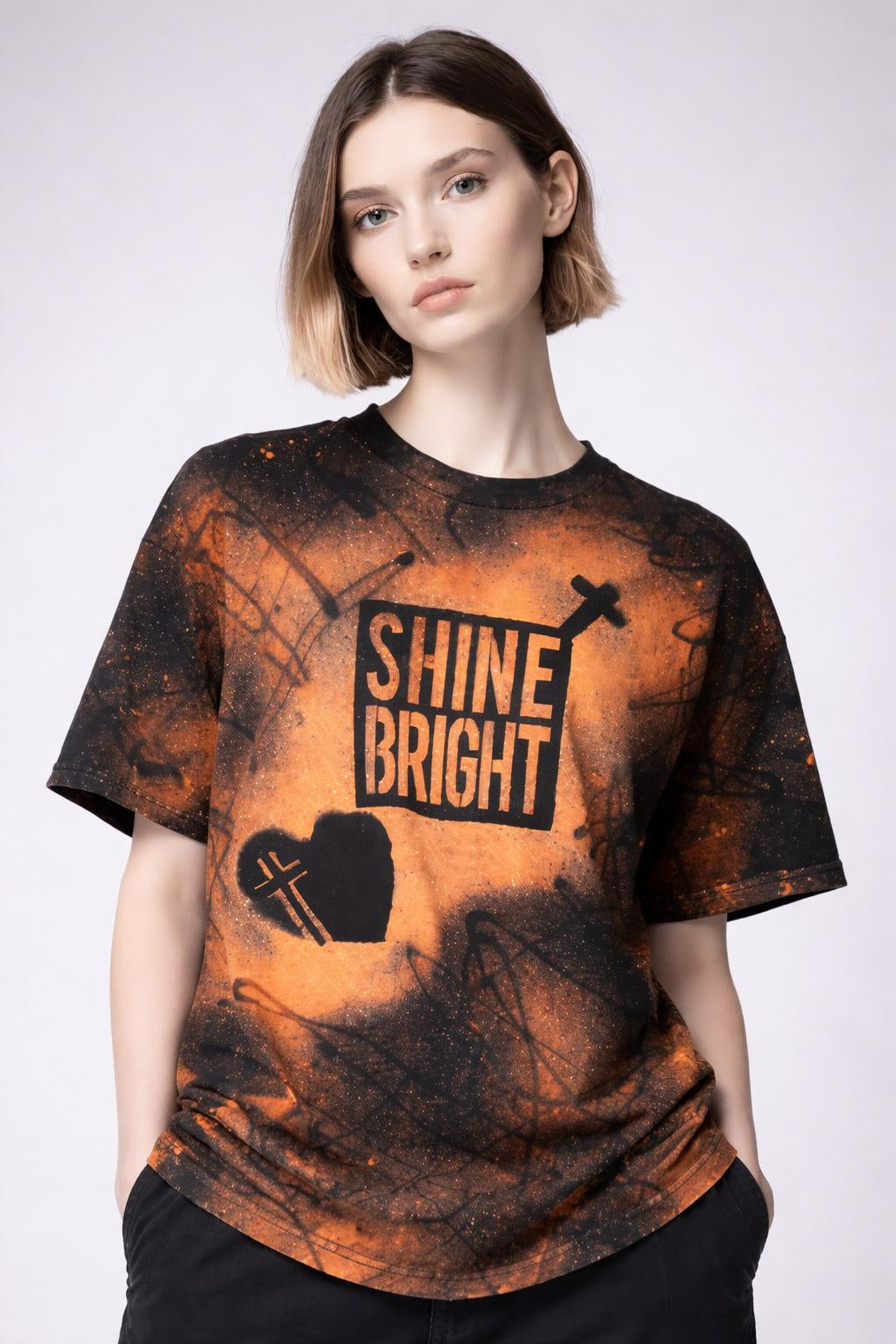 Close-up of the model wearing Redeemed Radiance Tee